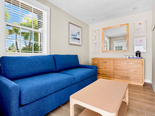 The image shows a cozy living room with a blue sofa, wooden dresser, beige table, and artwork on the walls.