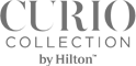 The image shows the "Curio Collection by Hilton" logo in gray, featuring bold serif fonts for "Curio" and smaller text below.