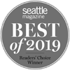 A gray circular badge reading "Seattle Magazine Best of 2019 Readers' Choice Winner."