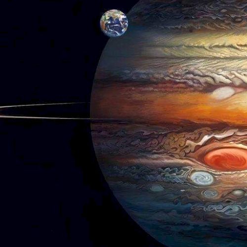 The image shows a digital rendering of Jupiter with its Great Red Spot and colorful bands, along with a small Earth and moon in the background.