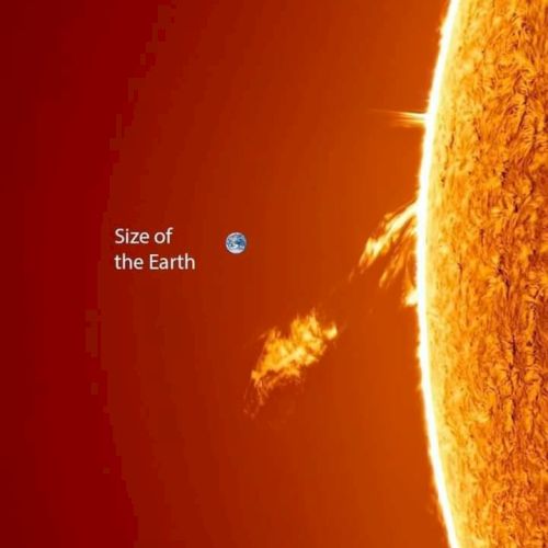 The image shows the Sun with a label indicating the Earth's size for comparison, highlighting the Sun's massive scale.