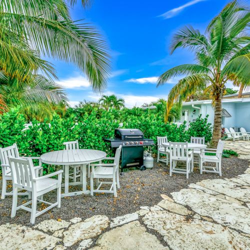 A tropical patio with white chairs, a table, a barbecue grill, and palm trees, under a bright blue sky in a lush backyard setting.