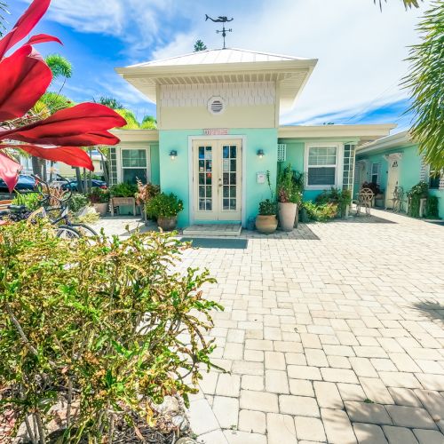 A light blue house with a paved patio, tropical plants, and a clear blue sky in the background, creating a relaxed atmosphere.