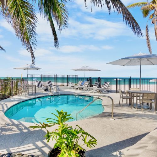 A small beachside pool area with lounge chairs, umbrellas, palm trees, and a view of the ocean under a blue sky.
