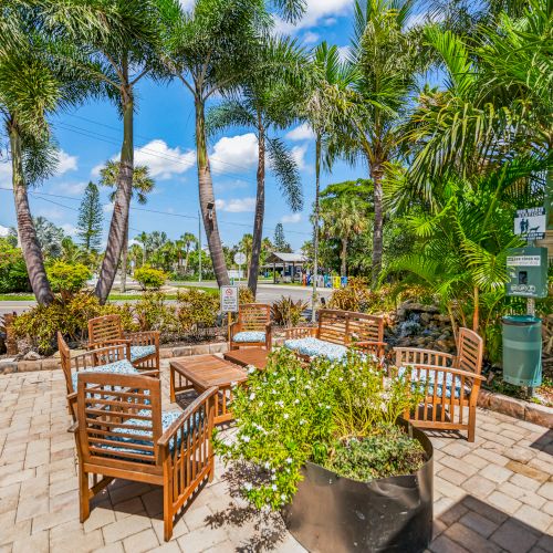 The image shows an outdoor patio with wooden chairs, a table, and lush green palm trees in a landscaped setting.