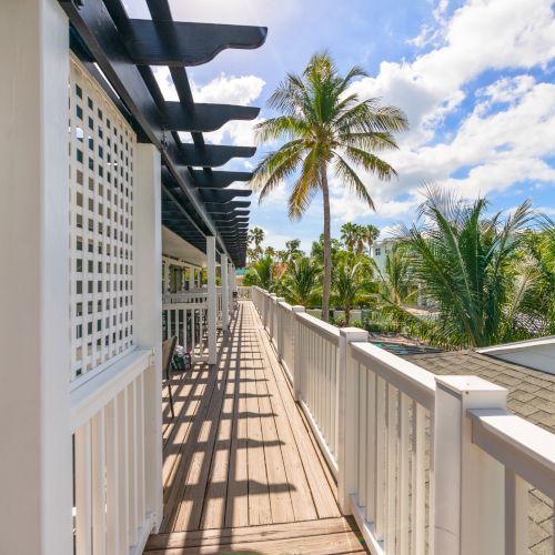 A wooden walkway with white railings leads through tropical foliage under a sunny sky, bordered by palm trees and a house.