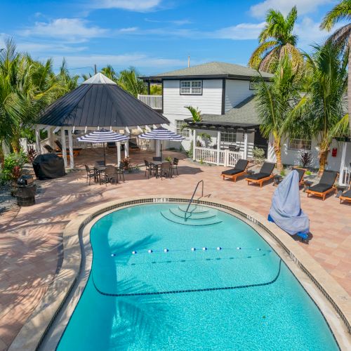 The image shows a tropical outdoor setting with a pool, lounge chairs, a gazebo, and palm trees, creating a relaxing atmosphere.