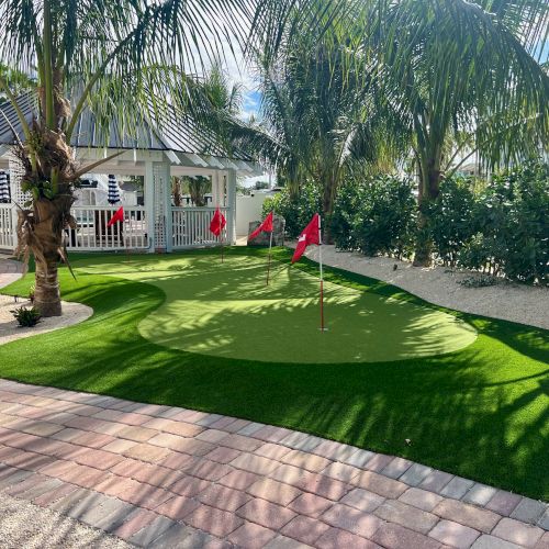 A small putting green with red flags is surrounded by palm trees and a patio.