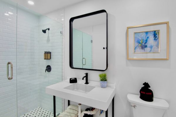 A modern bathroom with a glass shower, white sink, framed art, potted plant, and black fixtures on a white background.