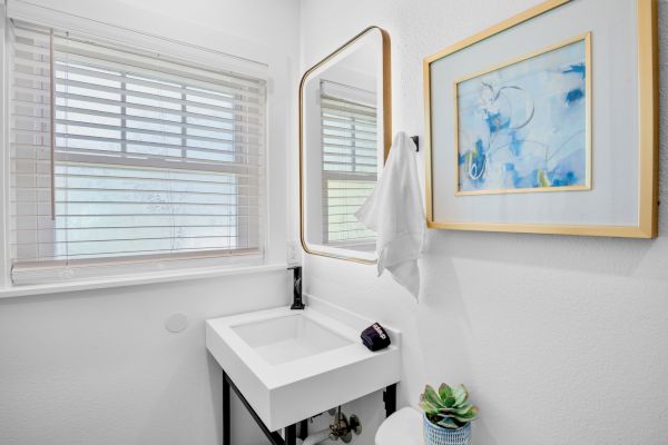 A small, modern bathroom with a square sink, wall mirror, abstract artwork, and a succulent plant on a white surface.