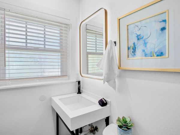 A small, modern bathroom with a square sink, wall mirror, abstract artwork, and a succulent plant on a white surface.