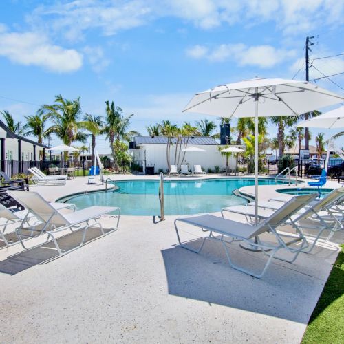 Poolside view with lounge chairs, umbrellas, palm trees, and clear blue skies, creating a relaxing outdoor atmosphere.
