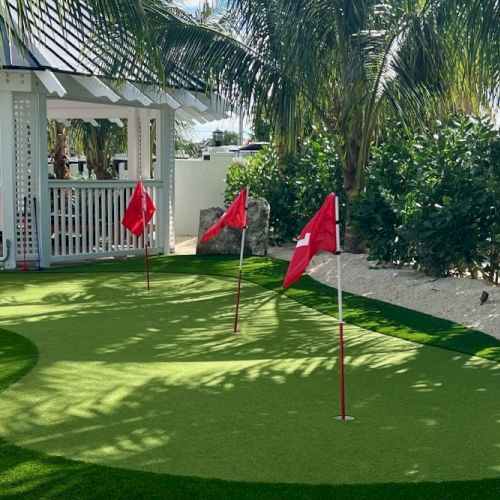 A putting green with red flags, surrounded by palm trees and bushes. A white gazebo is nearby, creating a tropical, outdoor setting.