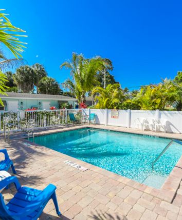 A sunny backyard with a pool, blue chairs, and lush tropical trees and plants under a clear blue sky.