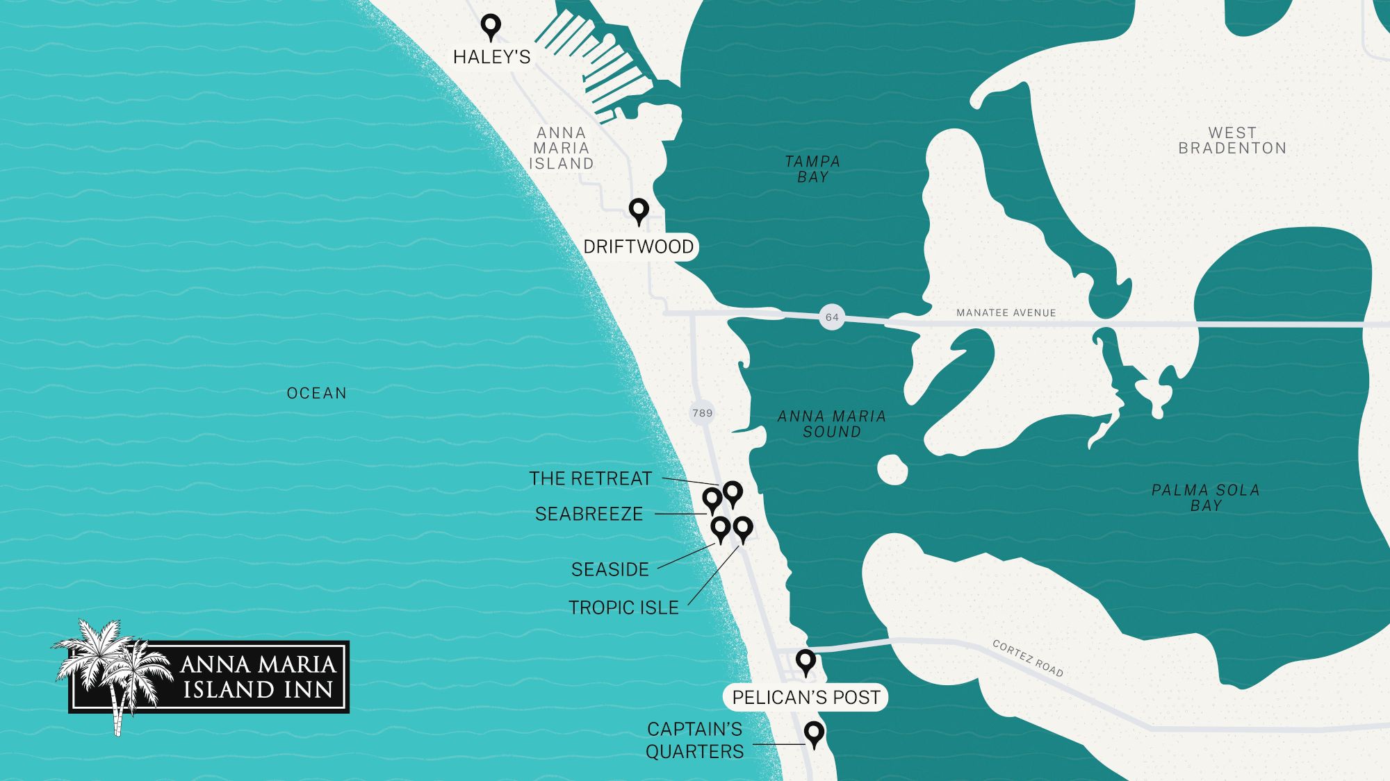 A map of Anna Maria Island highlighting locations like Driftwood and Pelican’s Post, with sea and land areas labeled for easy navigation.