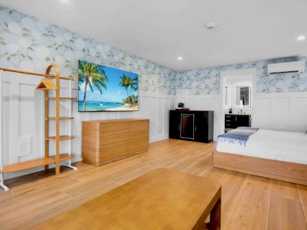 A bright hotel-style bedroom with a wooden floor, a bed, dresser, TV above a dresser, a luggage rack, and tropical wallpaper.