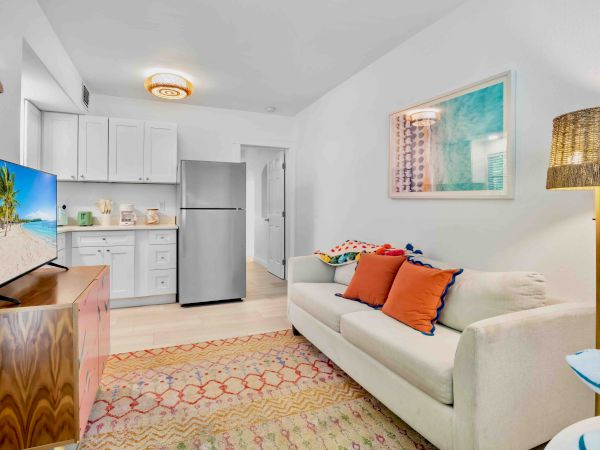 Bright modern living room with kitchen, TV, white sofa with colorful pillows, ceiling light, and framed artwork.