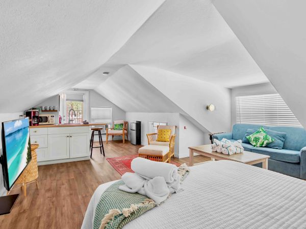 A bright attic living space with a blue sofa, TV screen, kitchenette, and a wooden floor under high sloped ceilings.