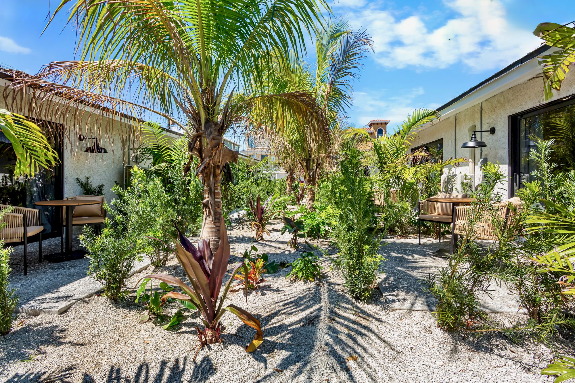 A tropical courtyard with tall palms, lush greenery, gravel walkway, and outdoor seating beside a house under a blue sky.