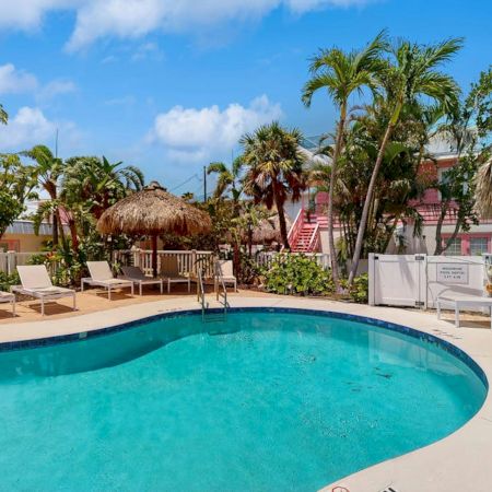 A tropical resort scene with a large blue swimming pool, lounge chairs, palm trees, and red-roof buildings under a bright sky.